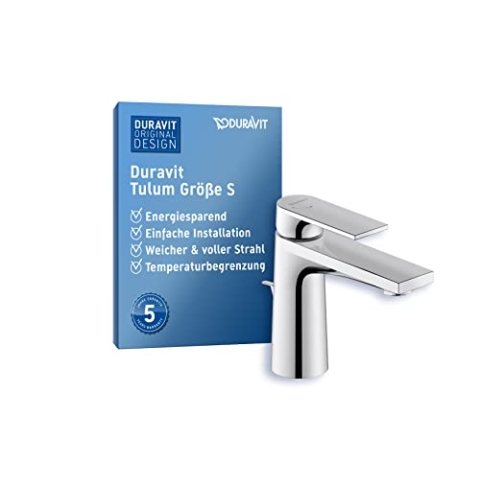 Duravit Tulum Waschtischarmatur, Größe S (Auslauf Höhe 97 mm), Wasserhahn Bad mit Zugstangen-Ablaufgarnitur, Waschbecken Armatur, Chrom