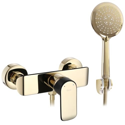 Rea Duscharmatur BLOOM BLACK GOLD Einhebel Brausebatterie mit Duschkopf aus Messing Mischbatterie für Dusche Brausearmatur Bad (Schwarz matt, helles gold)