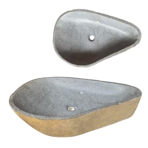 Lendo Online Waschbecken oval 60-70x38-43 cm Flussstein - Naturstein - Waschbecken für Badezimmer - Spüle - Waschschüssel - einzigartige Form und Farbe - poliert und solide - Grau