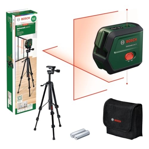 Bosch Kreuzlinienlaser UniversalLevel 2 mit Stativ (Laserkreuz inkl. integrierter Lotpunkte für präzises Ausrichten und einfache Übertragung von Referenzen, im Karton)