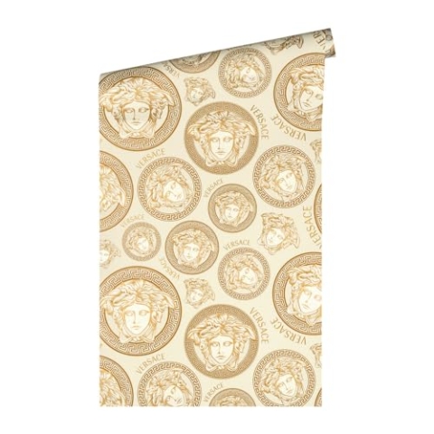 Versace Wallpaper 5 Vliestapete mit Monogramm-Muster 0,70 x 10,05 m – Gold, Weiß – hochwertige Luxustapete Made in Germany – 386115