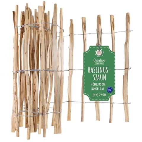 Creative Home Staketenzaun 80cm hoch und 5m lang | Haselnusszaun | Rollzaun | Lattenabstand 7-9 cm | Gartenzaun Holz Holzzaun | Zaun Garten Ideal als Rasenkante Blumenbeet Umrandung aus Haselnuss