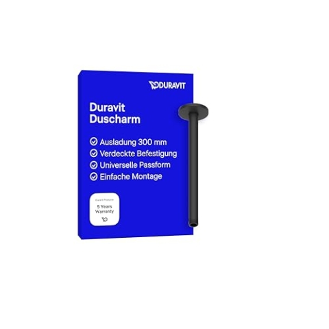 Duravit Universal Duscharm, Duscharmatur Deckenbefestigung, Brausearm 300 mm, Duschbrause rund, Schwarz Matt