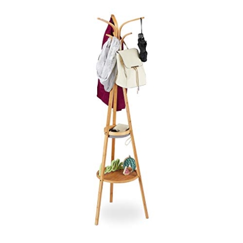 Relaxdays Garderobenständer, moderner Jackenständer aus Bambus, 2 Ablagen, 6 Haken, Baum Design, 178 x 50 x 50 cm, natur