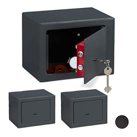 3 x Möbeltresor mit Schlüssel, Doppelbartschloss, Befestigung Wand oder Boden, Minisafe, HxBxT: 17 x 23 x 17, dunkelgrau