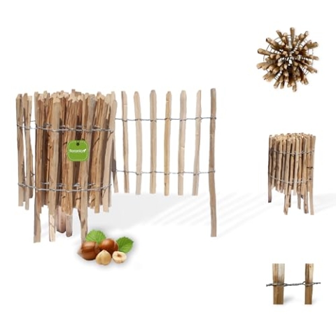 Floranica Staketenzaun aus Haselnuss mit Pfosten 50 cm hoch x 5 m Lattenabstand 4-6 Kastanie Gartenzaun mit Holzpfosten Beeteinfassung Steckzaun Kastanienzaun Holzzaun Rollzaun
