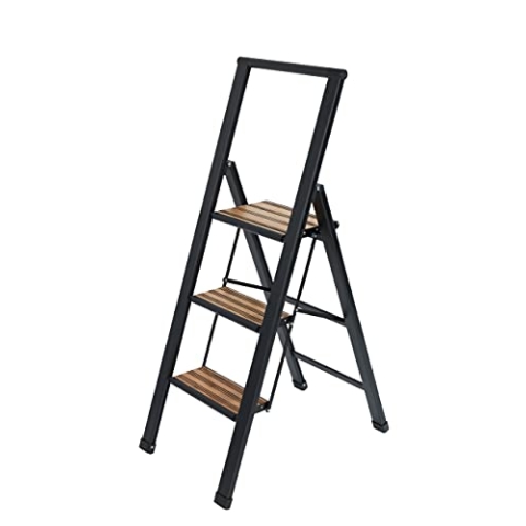 WENKO Leichte Alu-Design Klapptrittleiter 3 stufig, 75 cm höheren Stand, Rutschsichere XXL-Stufen, 44 x 127 x 5,5 cm, Schwarz