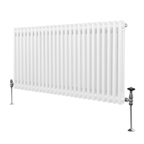 Traditioneller 2-Spalten-Heizkörper 600 x 1192mm | Horizontaler Wandheizkörper | Glänzender Weiß Kohlenstoffstahl | Wohn- Badezimmer Küche [Inkl. Reinigungsbürste, Befestigungsset & Halterungen]
