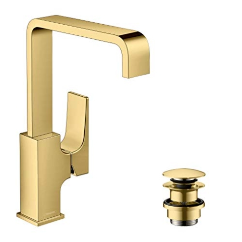 hansgrohe Wasserhahn Metropol, wassersparende Armatur mit Komfort-Höhe 230mm mit Push-Open Ablaufgarnitur, Polished Gold Optik