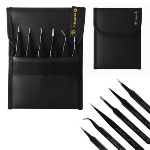 BERNSTEIN ESD Pinzetten Set 6-teilig - Edelstahl antimagnetisch, rostfrei für präzise Elektroarbeiten mit ESD-Beschichtung für Pinzette Modellbau
