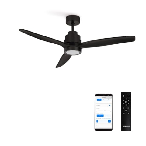 CREATE / WINDSTYLANCE/Deckenventilator mit Beleuchtung Schwarz mit WLAN und Fernbedienung / 40W, Leise, Ø132 cm, 6 Geschwindigkeiten, Timer, Sommer-Winterbetrieb, doppelte Höhe, DC-Motor