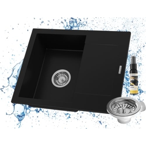 GRANITAN Spülbecken BELLO mit Siphon und Imprägnierung - Küchenspule Set - Modern Granitspüle 47x57cm - Waschbecken fur Küche mit Chrome Siphon - Schwarz