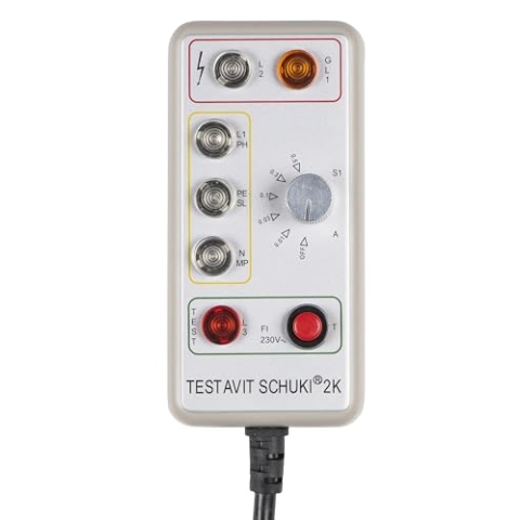 Testavit Schuki 2K Steckdosenprüfgerät mit FI-Test mit einstellbarem Nennfehlerstrom, Elektriker Werkzeug (LED Anzeige, 230 V, sichere Überprüfung), Grau