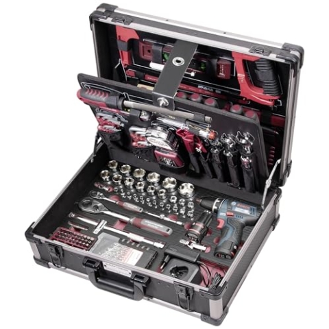KRAFTWERK Profi Werkzeugkoffer mit Akkuschrauber Bosch | Werkzeugkoffer Alu 264-tlg. | Werkzeugkoffer bestückt inkl. 1/4" + 1/2" Steckschlüsselsatz & Bit Set | KRAFTWERK Werkzeug Art. Nr.: 3949