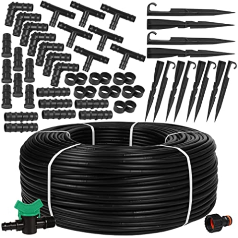 Tropfbewässerungs-Set, Tropfschlauch, Tropfleitung, Gartenschlauch, hergestellt in der EU (16 mm/1,6 LPH, 100 m + Zubehör, schwarz)