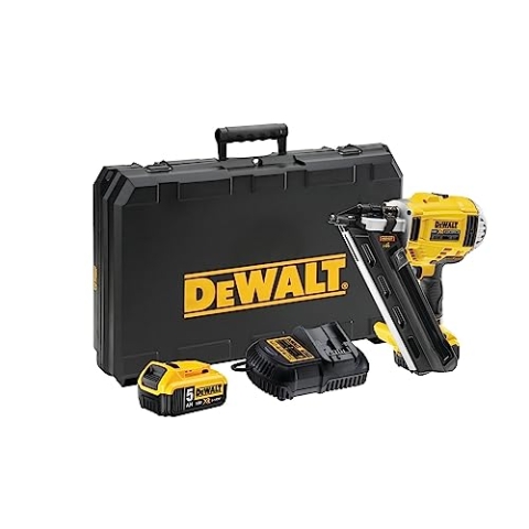 DEWALT 18 Volt Akku-Nagler DCN695P2 (für papier- und drahtgebundene D-Kopf- und außenmittige Rundkopfnägel von 50 – 90 mm Länge, Einzelauslösung, inkl. 2x 18 Volt / 5 Ah Akkus und Ladegerät, Koffer)