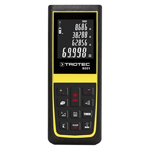 TROTEC Laser Entfernungsmesser BD21 – Digitales Messgerät Entfernung – Reichweite bis 70 m, 90°-Neigungssensor, IP54, Wasserwaage, Abschaltautomatik, Timerfunktion