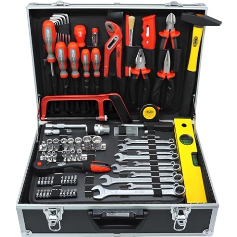 FAMEX 759-63 Alu Werkzeugkoffer gefüllt 126-tlg. | Stabiler Alu-Koffer mit Werkzeug Set | Werkzeugkiste komplett | Werkzeugkasten