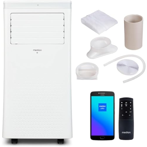 MEDION Smarte Mobile Klimaanlage mit Abluftschlauch P1002 (10000 BTU, mobil, inkl. Fensterabdichtung, bis 34m², 3in1 Kühlen Entfeuchten Ventilieren, App- und Sprachsteuerung, Schlafmodus, MD 37733)