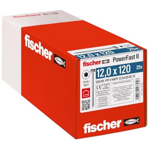 fischer PowerFast II HWTF 12,0 x 120, kraftvolle Holzbauschraube mit Sechskantkopf, Innenstern-Aufnahme und Vollgewinde, für den konstruktiven Holzbau, 25 Stk.