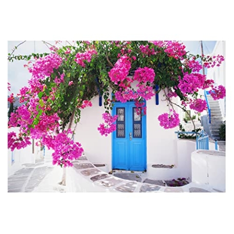 WallArena - Vlies Fototapete Gasse Griechenland Blumen 368x254 cm - Fototapeten - Tapeten - für Wohnzimmer Schlafzimmer - Vliestapete Wandtapete Tapete 3D Effekt- inkl. Kleister