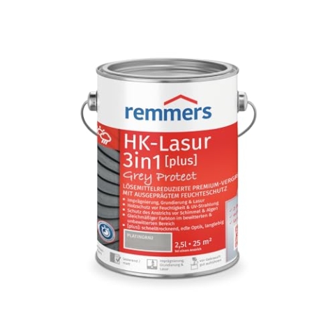 Remmers HK-Lasur 3in1 Grey Protect [plus] platingrau, matt, 2,5 Liter, Lösemittelreduzierte Premium-Vergrauungslasur für außen, 3in1, schnelltrocknend, langlebig