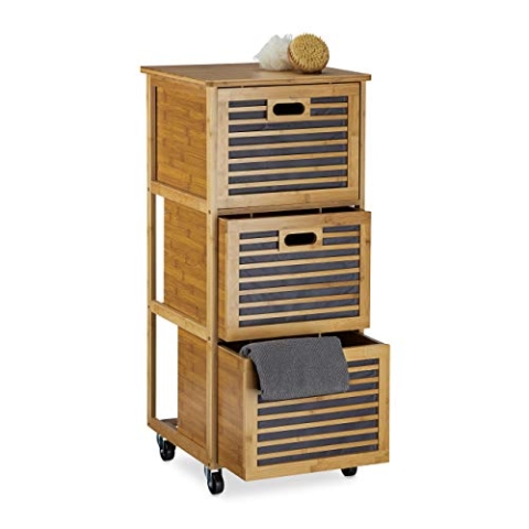 Relaxdays Rollwagen mit Schubladen aus Bambus mit 3 Fächern HBT: 92 x 41 x 41 cm Nützliches Badregal mit Schubkasten mit Rollen als Wäschebox und Schubladenschrank für Badutensilien, natur