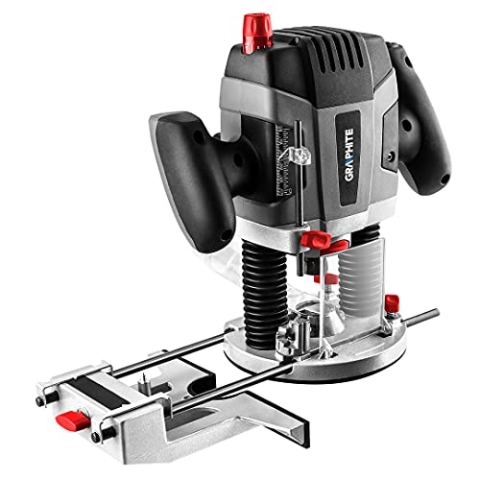 GRAPHITE 1300W Oberfräse, zum Fräsen von Löchern, Nuten, Kanten, stufenlose Geschwindigkeits- und Tiefenregelung, Spindelarretierung und Tiefenanschlag, Staubschutzhaube und Adapter für Staubabsaugung
