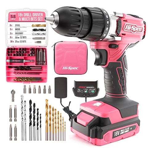 Hi-Spec 58-tlg. 18V-Akkubohrer in Pink Rosa mit S2 Bit Satz. DIY Akkuschrauber, Bohrmaschine für Metall, Trockenbau, Holz und Plastik in Pinkem Etui