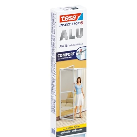 tesa Insect Stop ALU COMFORT Fliegengitter für Türen - Insektengitter mit Aluminium-Rahmen & Clear View - Tür Insektenschutz - Anthrazit, 100 cm x 220 cm