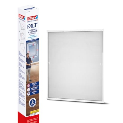 tesa Insect Stop FALT Fenster - Faltbarer Alu-Rahmen - Fliegengitter mit verstellbarem Teleskoprahmen – Rahmen in Weiß - 80 cm x 80 cm bis 140 cm x 140 cm