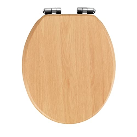 WENKO WC-Sitz Mod. Buche Natur, Toilettensitz mit Absenkautomatik in Holz-Optik, mit Fix-Clip Hygienebefestigung, Toilettenbrille aus MDF, 35,5 x 42,5 cm, Hellbraun