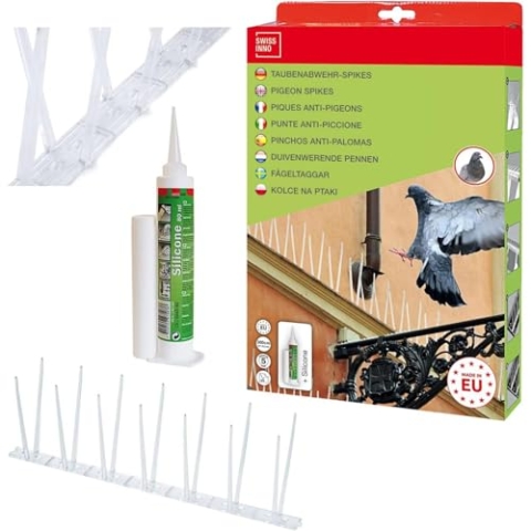 SWISSINNO Vogelabwehr Spikes Taubenabwehr 300cm | Zaun Spikes der Vogelabschreckung deckt 3 X 33cm inkl. Silikontube | Langzeitschutz zur sofortigen Montage - UV-beständig | Tauben Abschreckung