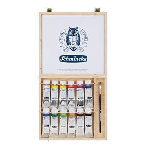 Schmincke – AKADEMIE Acryl, 12 x 60 ml-Tuben, 76 014 097, 12 brillante, hoch lichtechte Farbtöne im Holzkasten, 1 daVinci Pinsel, feine Künstler-Acrylfarben, kadmiumfrei, ideal zum Mischen