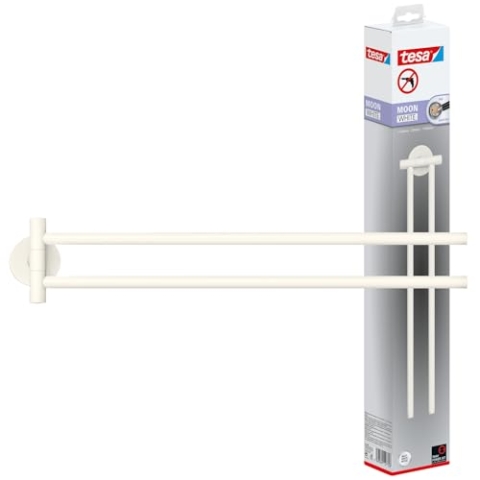 tesa Moon White Handtuchhalter 2-armig, matt weiß, für Bad & WC - für Bäder im Industrial Style und Moderne Badezimmer - bohrfrei, inkl. Klebelösung - 50 mm x 84 mm x 456 mm