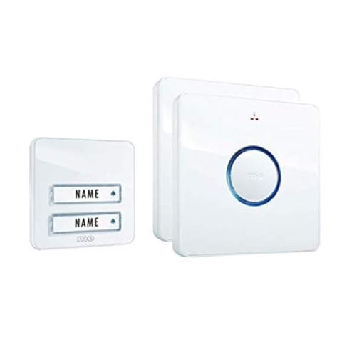 m-e BELL-232.3 Funkklingel Set für 2-Familien-Haus, zuverlässige Funk-Türklingel mit LED-Leuchtring und Blitzlicht, 8 hochwertige Klingeltöne/Melodien, Lautstärke einstellbar, mit Namensschild