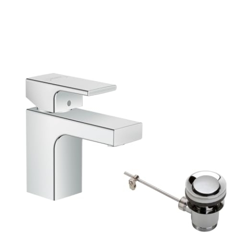 hansgrohe Vernis Shape - Waschtischarmatur mit Zugstangen-Ablauf aus Metall, isolierte Wasserführung, Wasserhahn Bad mit Auslauf Höhe 71 mm, Mischbatterie wassersparend (EcoSmart), Chrom, 71566000