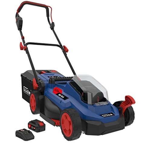 Güde 58400 Akku Rasenmäher RM 18-401-23 (wartungsfreier, bürstenloser Motor, 18 V, Li-Ion, 4,0 AH, 72 Wh, Mähen, Sammeln und Mulchen), Blau/Schwarz/Rot