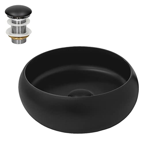 ML-Design Waschbecken aus Keramik Schwarz Matt Ø 35x12 cm Rund inkl. Ablaufgarnitur ohne Überlauf, Moderne Aufsatzwaschbecken Waschtisch Waschschale Waschplatz Handwaschbecken, für Badezimmer/Gäste-WC