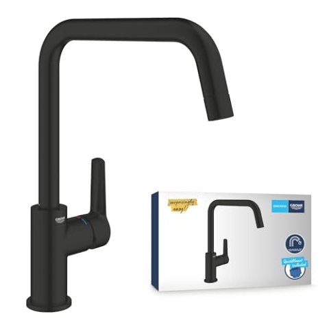 GROHE Start, Küchenarmatur (Wasserhahn für die Küche, 150° schwenkbar, wassersparende Spültischarmatur dank variabler Mengenbegrenzung, werkzeugfreie Spülbecken-Montage), schwarz, 304702430