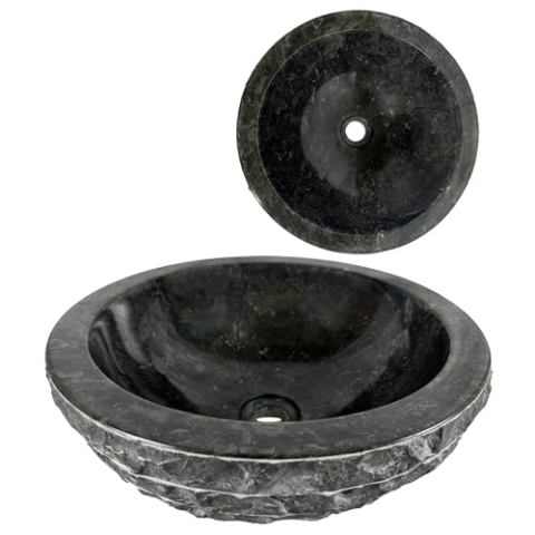 Lendo Online Waschbecken rund 40x40x15 cm Marmor - Naturstein - Flussstein - Waschtisch für Badezimmer - Aufsatzwaschbecken - Handwaschbecken (Schwarz)