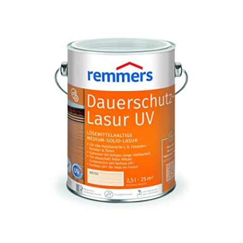 Remmers Dauerschutz-Lasur UV weiß, 2,5 Liter, Dekorative Medium-Solid-Lasur für Außen, auch für helle Farbtöne und farblos UV+, wetterbeständig