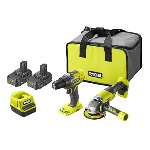 RYOBI - Combo 2 Werkzeuge: 1x Bohrschrauber R18DD3-0 + 1x Winkelschleifer 115mm R18AG-0 + 2x Akku 2,0Ah + 1x Schnellladegerät 2,0A im Transportbeutel - R18DDAG-220S