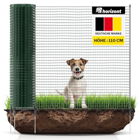 horizont Begrenzungszaun FIX, mobiler Zaun 25m Lang & 110cm hoch, engmaschig für Garten, Camping & Haustiere, inkl. 15 Fiberglaspfählen & 20 Heringen, Beetschutz, Hundezaun, Absperrzaun, Steckzaun