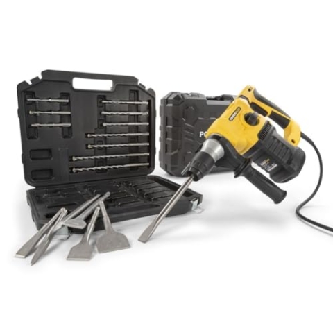 Powerplus Elektro-Schlagbohrmaschine POWX1199-4 in 1: (Schlag-) Bohren Meißeln und Meißeldrehung, 1500 W Bohrmaschine, 5 J, 6 Drehzahlstufen, SDS-plus, 17 Zubehör