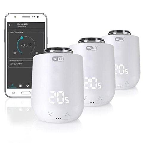 Eurotronic 700200 Comet Wifi 2021 Heizkörperthermostat (Heizen per WLAN, mit Alexa kompatibel, Heizkosten sparen, Raumtemperatur von unterwegs regulieren, Smart Home Zubehör 3er Bundle)