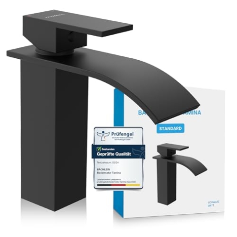 Bächlein Badarmatur Tamina in Wasserfall-Design, Einhebelmischer mit langlebiger Keramikkartusche und Montage-Set, Bad Wasserhahn Matt Schwarz