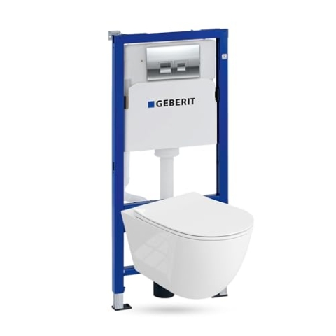 Lavita Duofix Basic Vorwandelement + Wand Tiefspül WC Sinto Grande Weiß Spülrandlos + WC Sitz + Bedienplatte Delta 25 Verchromt Knopf Komplettset Unterputz Spülkasten Toilette Komplett Sett WC