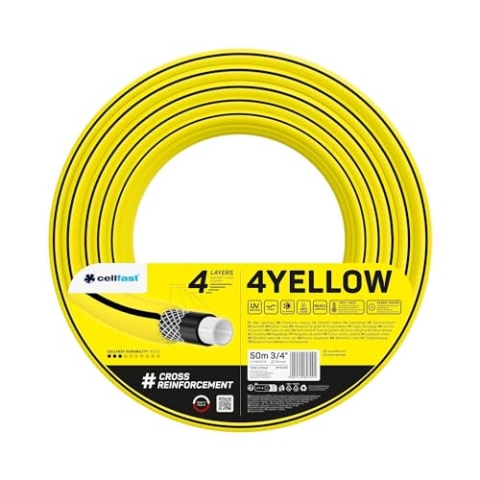 Cellfast YELLOW Gartenschlauch, Leicht, Strapazierfähig, 4-lagig, Haltbare Kreuzgeflecht, UV und Algenfest, Verwindungsfestigkeit, REACH-Technologie, 20 bar, -10/+50° Verschluss: 3/4", 50m