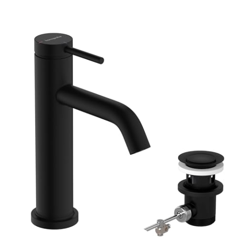hansgrohe Tecturis S - Waschtischarmatur mit Zugstange, energiesparend (CoolStart), Wasserhahn Bad mit Auslauf Höhe 110mm, Mischbatterie Waschbecken wassersparend (EcoSmart+), Mattschwarz